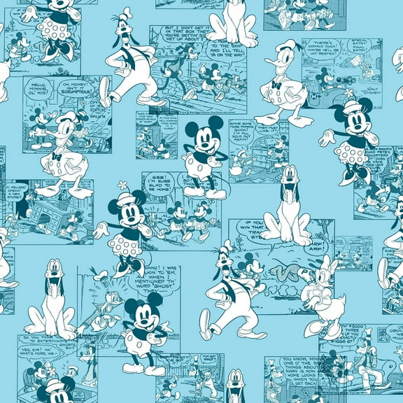 Disney Mickey & Friends Sensational 6 Comic Strip Blue 100% Cotton Fabric Sold by The Yard
