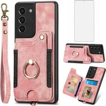 Phone Case for Samsung Galaxy S21 FE 5G Wallet Cover with Screen Protector and Wrist Strap Lanyard RFID Card Holder Ring Stand Cell Accessories S 21 EF S21FE5G UW S21FE 21S G5 6.4 inch Women Men Pink