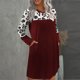 thumbnail image 3 of Vestido de cuello redondo para mujer, manga larga, estampado de leopardo, franjas de color, suelto, cómodo, bolsillo lateral, vestido femenino, rojo vino L, 3 of 5