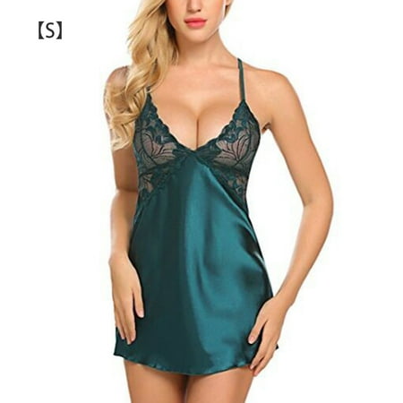 

Lace Sleepwear Women Lingerie Girl Strap Nightdress Underwear Set Blackish Green S