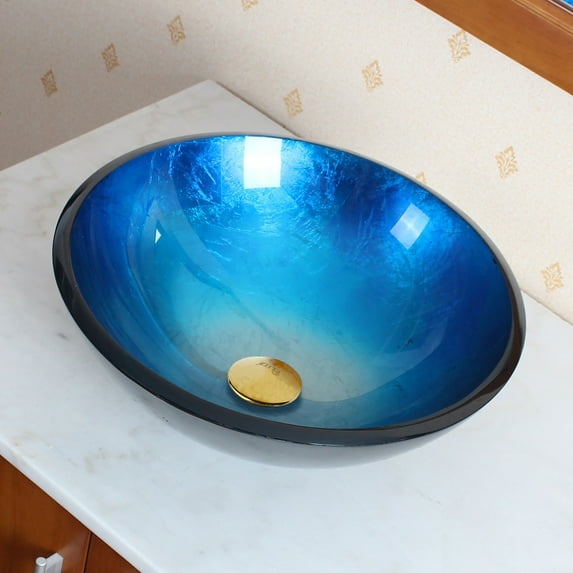 Elite Handcrafted Metallic Ombre Blue Foil Tempered Glass Bathroom Vessel Sink with Gold Pop-up Drain and Mounting Ring - 1203+P01008G