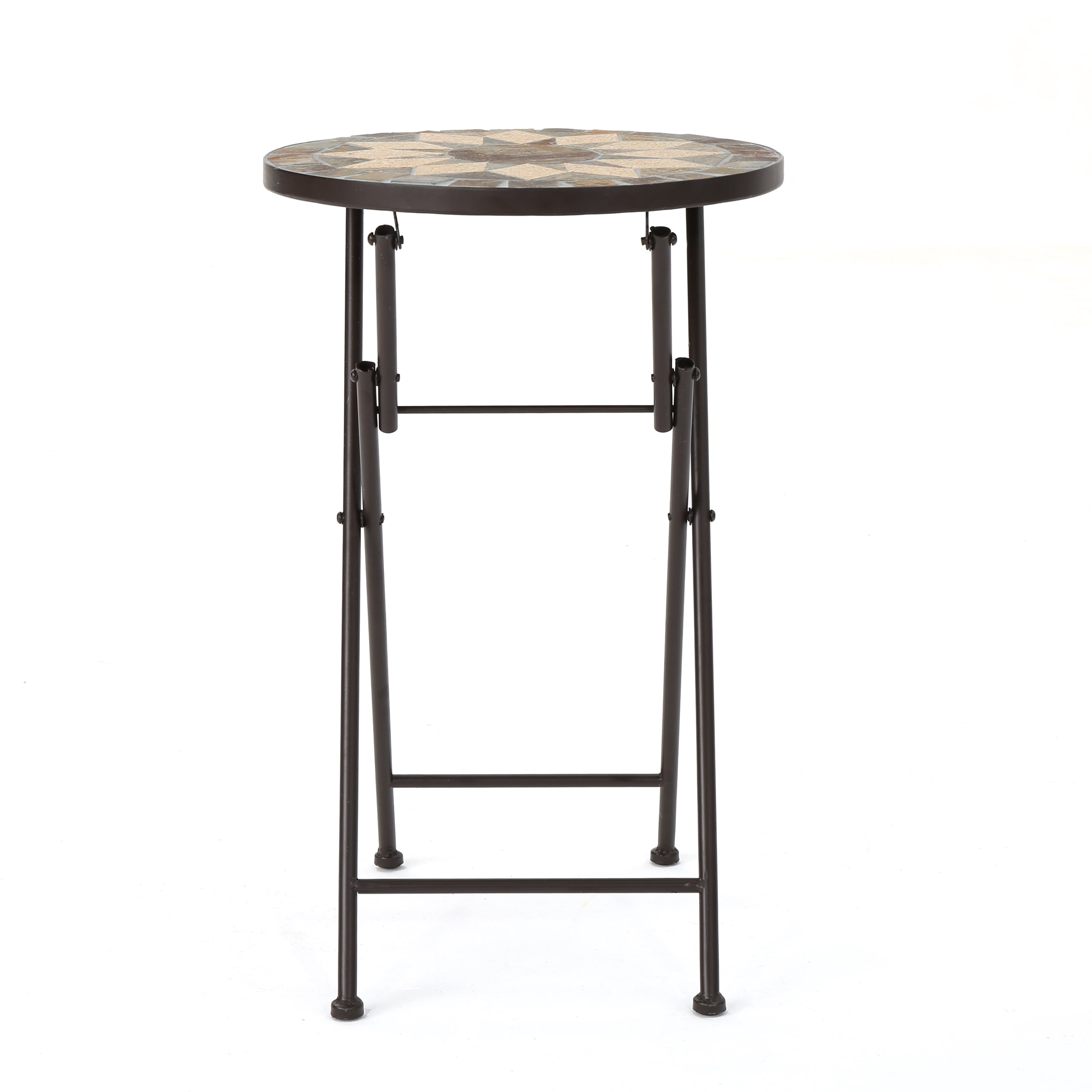 Owen Outdoor Stone Side Table with Iron Frame, Beige and Black