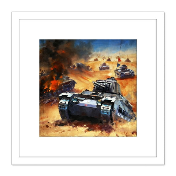 Krogman War WWII UK Desert Tank Battle Painting 8X8 Inch Square Wooden Framed Wall Art Print Picture with Mount