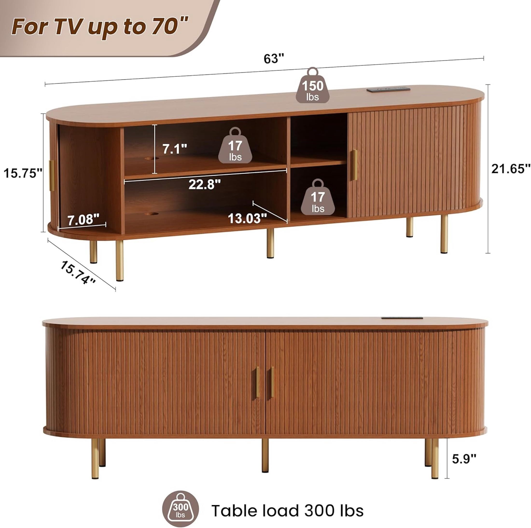Aisword 63 Inch TV Stand with Power Outlet for TVs up to 70 Inch, Entertainment Center with Storage and Adjustable Shelves, Media Console with Sliding Doors for Living Room, Walnut
