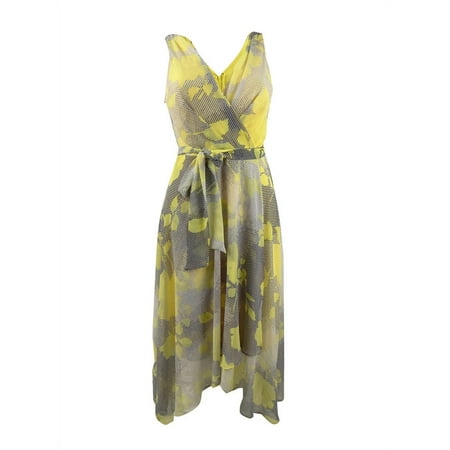 DKNY Women's Belted Faux Wrap Dress (2, Static Floral Daffodil Multi)
