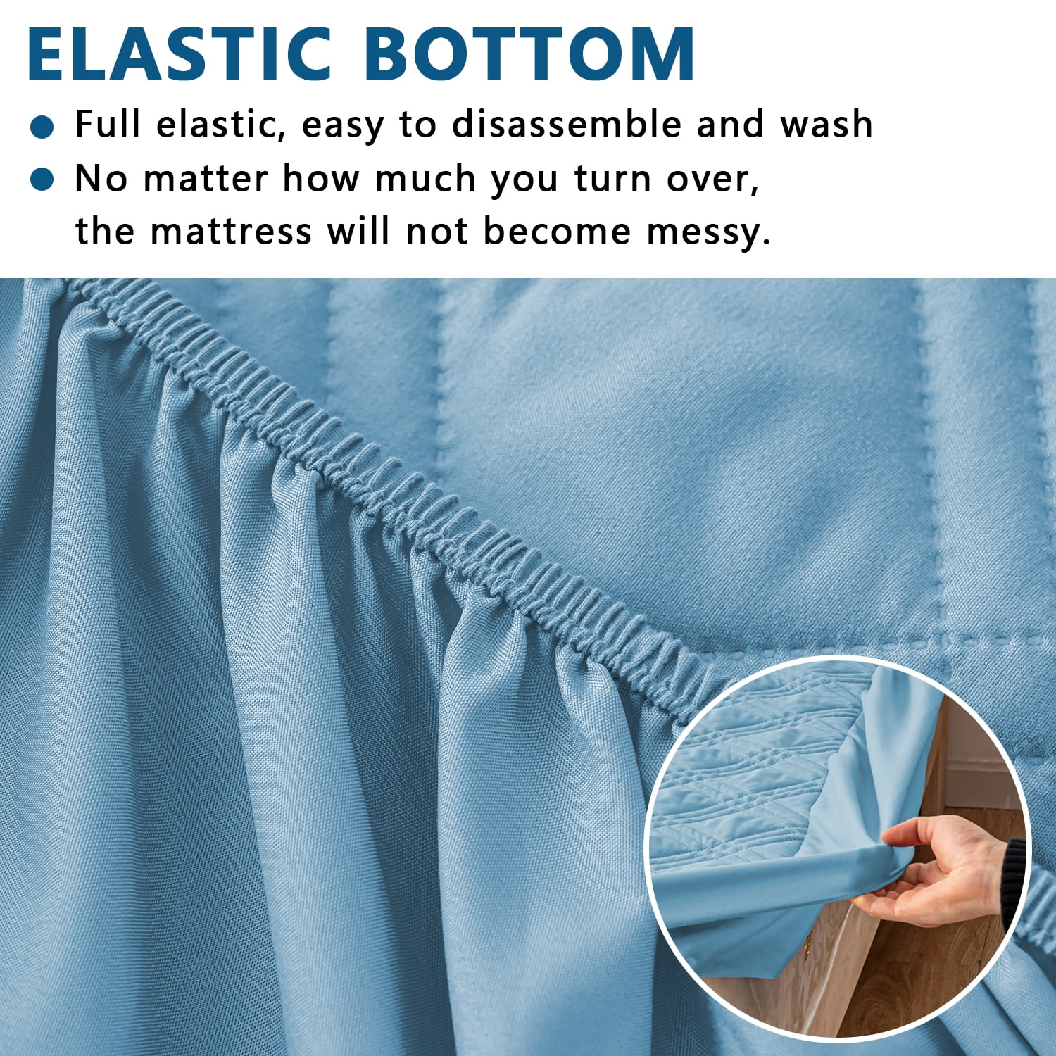 Waterproof Fitted Mattress Pad Cover Protector Queen Size Bed Quilted Mattress Cover Cotton Mattress Topper Dust Cover Soft Washable 12 Inch Deep Pocket Elastic Band（Blue）