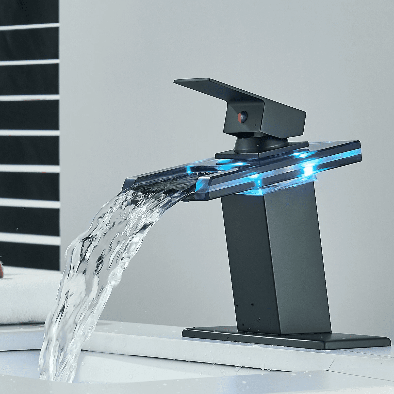 Zovajonia LED Bathroom Sink Faucet, Matte Black Waterfall Single-Handle Vanity Faucets for Sinks 1 Hole with  2 Water Supply Lines Open Glass Spout