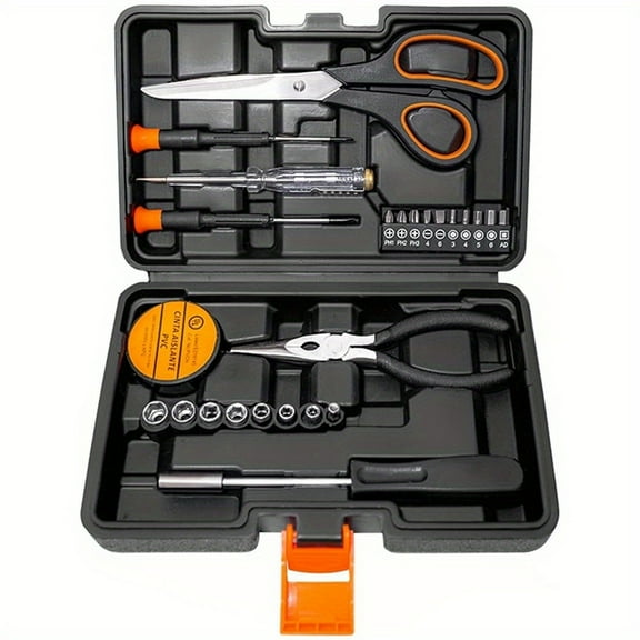 26PCS electric toolbox set, portable toolbox with adjustable wrench, pliers, socket and batch head, with plastic toolbox storage box, | household tool set, suitable for gardening