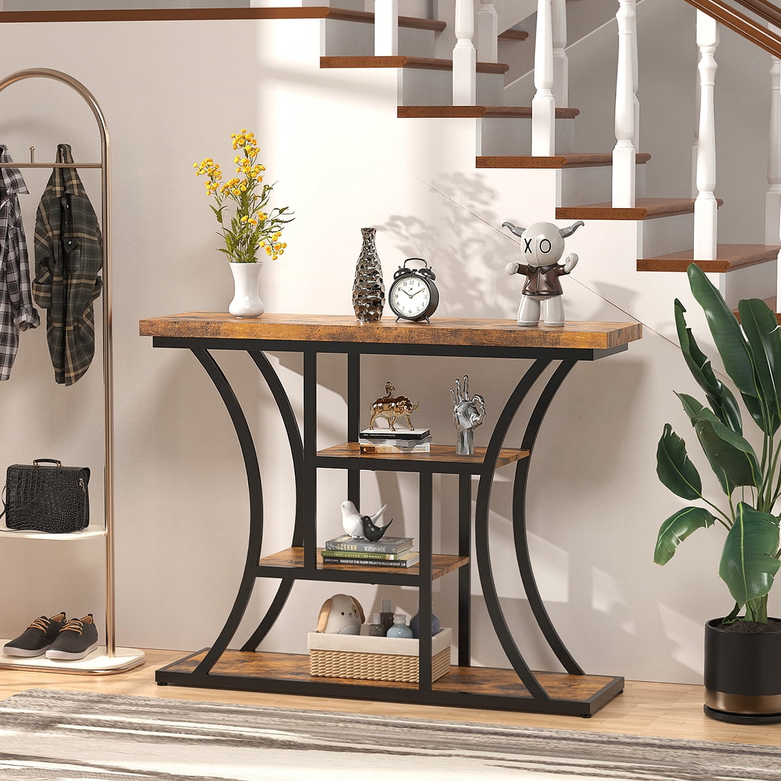 Vingud Console Table with Curved Frames and 3 Open Shelves, Entryway Table for Hallway Entrance Living Room, Rustic Brown + Black 41 inches