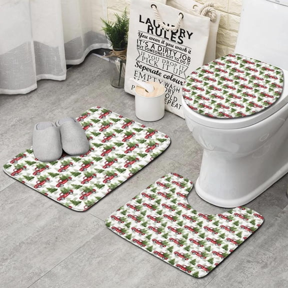 White Christmas Red Truck and Tree Pattern Bathroom Rugs Sets 3 Piece,Toilet Cover Set,Absorbent Non Slip Bathroom Mats Sets with U-Shaped Contour Rug Toilet Rug Set
