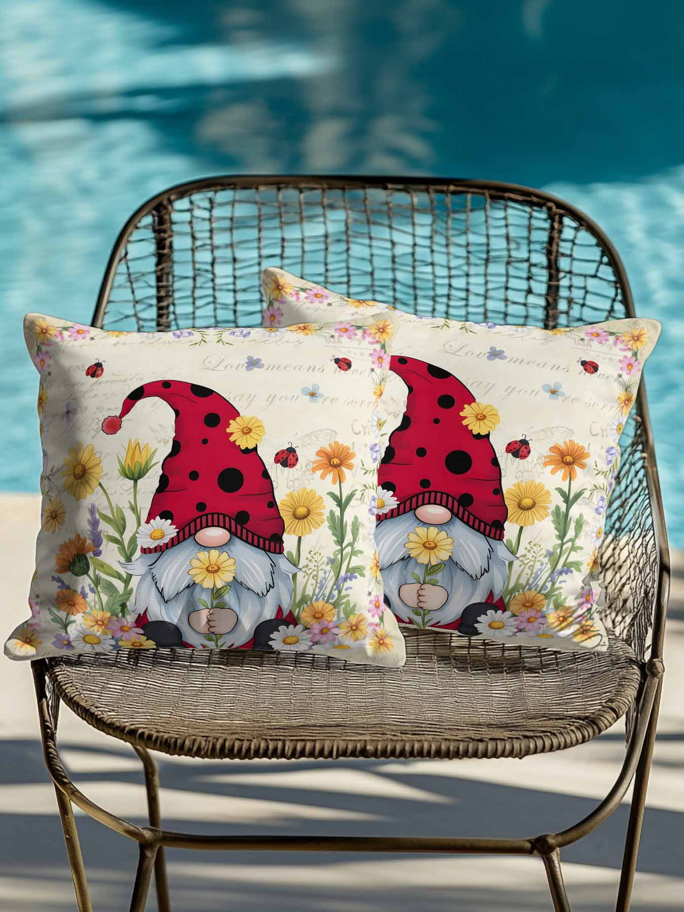 Outdoor Pillows Waterproof, Vintage Gnomes Bedding Throw Pillows with Insert for Couch Sofa Bed, Rustic Pastoral Daisy Botanical Floral 16x16 Inch Pillowcases Decorative Patio Pillow Set of 2