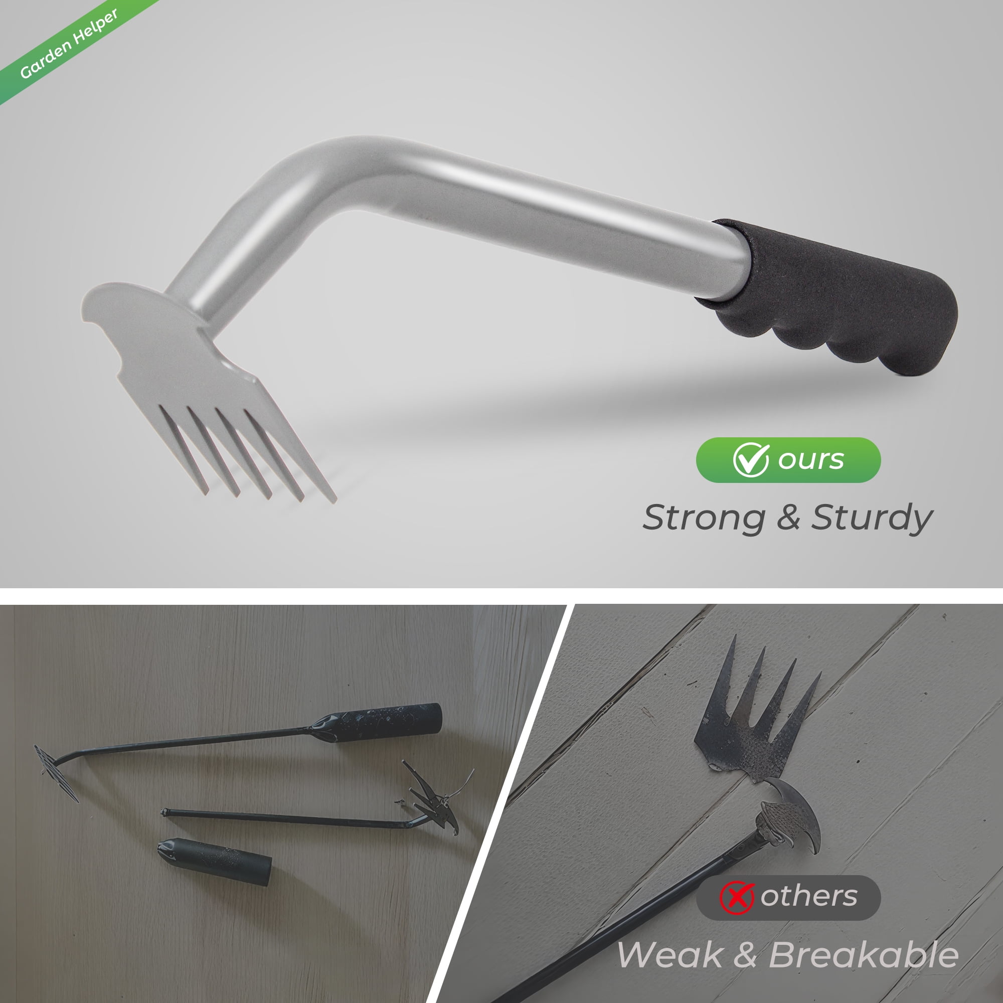 Walensee Weed Puller Tool with 5-Tine Manganese Steel & Rubber Handle for Vegetable Gardening, Backyard Planting & Uprooting Weeding
