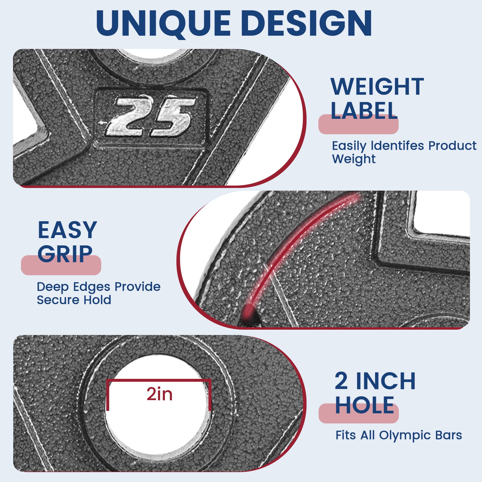 FlexWave Cast Iron Weight Plates, 2" Center Hole, Pair Set with 3-Grip Handles, Gray Rust-Resistant Finish