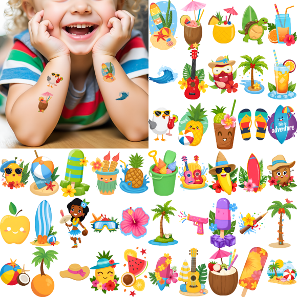 54 Temporary Tattoo Stickers Waterproof Long-lasting Body Stickers Hawaiian Beach Coconut Tree Ice Cream Swim Ring Kids Boys Girls Tattoo Stickers Arm Forearm Shoulder Cheek