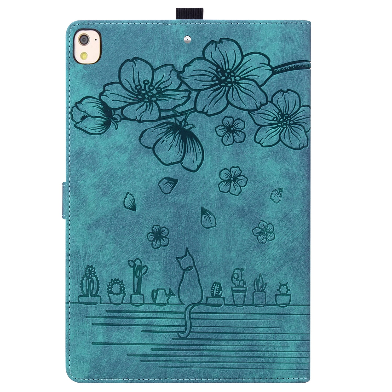 ChicShell for iPad 9th/8th/7th Generation Case 2021/2020/2019 Release with Stand/Pencil Holder/Pocket [Auto Wake/Sleep] Magnetic Smart Embossed Flower Folio Cover for 10.2", Cherry Blossom Green Cat