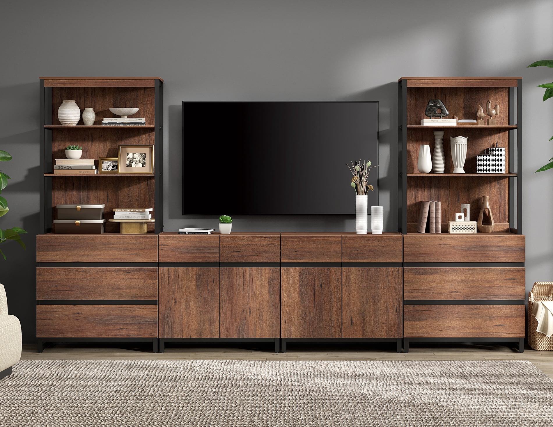 WAMPAT Modern Farmhouse TV Stand with 3-Tier Open Bookshelf, 2 Storage Cabinets & 6 Drawers, Wooden Media Console with Black Metal Legs for Living Room, Brown