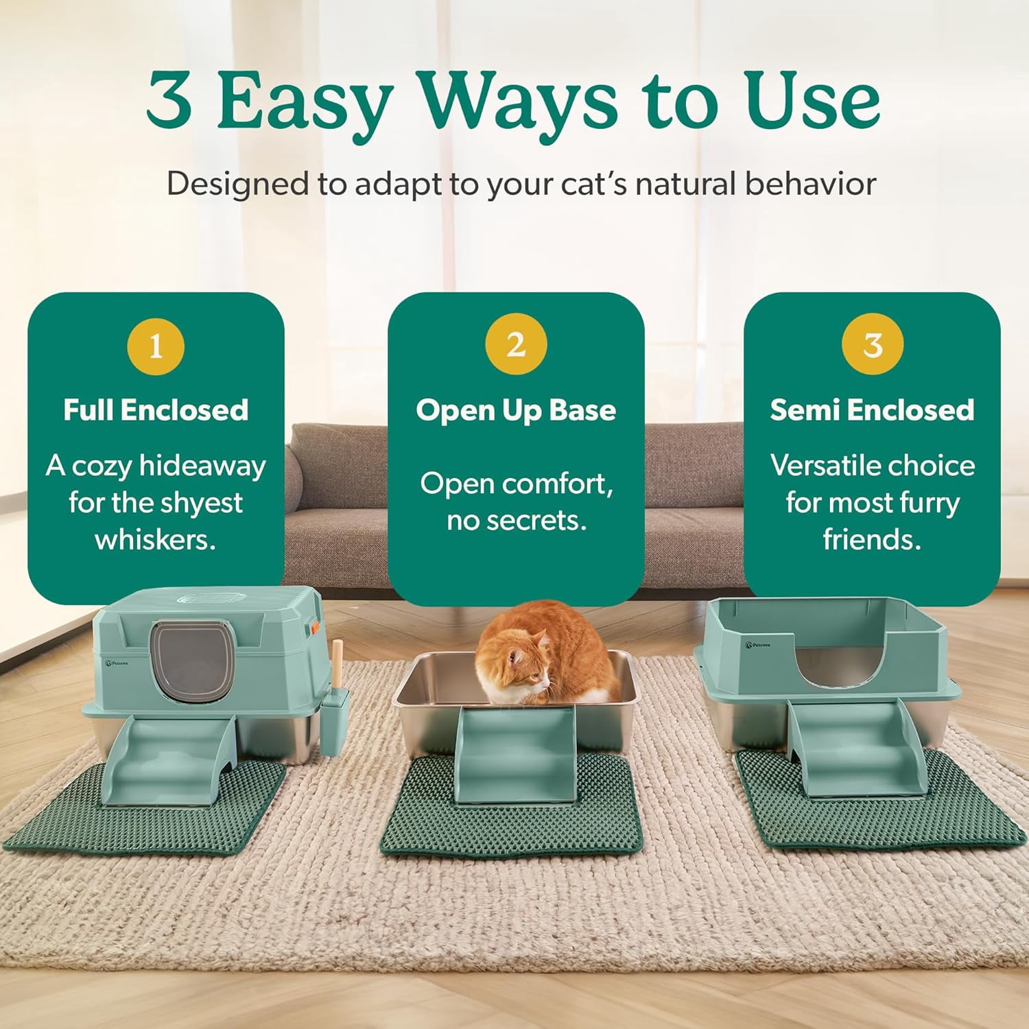 Petcove Stainless Steel Cat Litter Box XL with Lid – 3-in-1 Extra Large Covered Metal Cat Litter Box with High Wall Design & Carbon Filter – Green