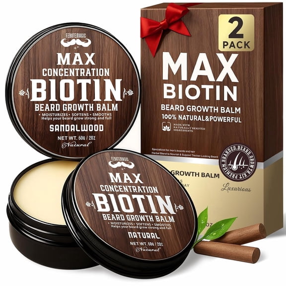 Beard Softener Balm for Men 2-Pack – Stops Beard Itch, Tames Frizz & Coarse Beard, Biotin Conditioner (Natural & Sandalwood), Grooming Set