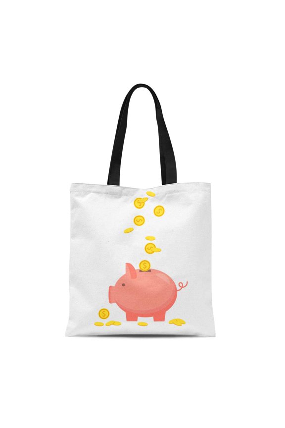 Canvas Tote Bag Pink of Money Investment Banking Services Piggy Bank Coin Durable Reusable Shopping Shoulder Grocery Bag