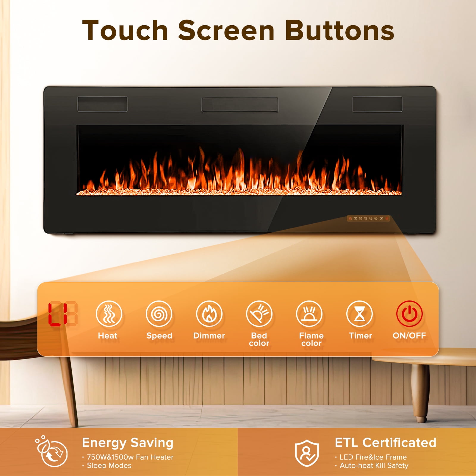 Auseo 50 inch Embedded Wall Mounted Indoor Electric Fireplace, Ultra-thin Low Noise Lightweight LED Fireplace Heater, Touch Screen, Timer, 1500W, Adjustable Flame Color and Speed, Black