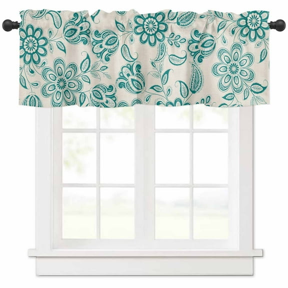 Teal Flowers Valances for Windows Farmhouse Kitchen Curtains Valances Rod Pocket Valance Curtains for Kitchen Windows Vintage Ethnic Tribe Country Farmhouse Window Valances for Bathroom 42"x18"