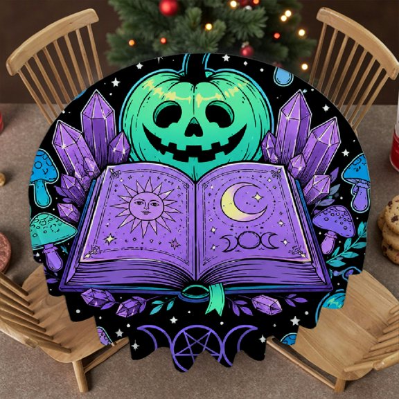 RKSupls Witchy Pumpkin Spellbook Soft, Festive Table Setting - Machine-Made Round Tablecloth, Wedding, Party, Home Dining
