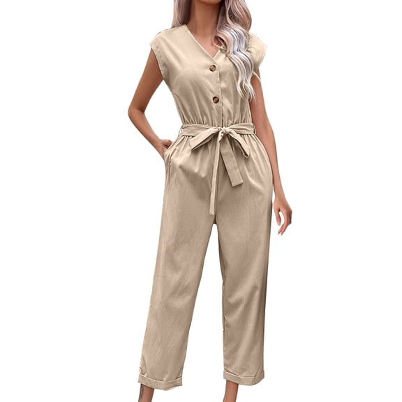 2024 Summer Women's Sleeveless V-Neck Lace-Up Jumpsuit High Waist Cropped Straight Leg Bib Pants with Pockets - Navy/Black/Khaki (S-XL)