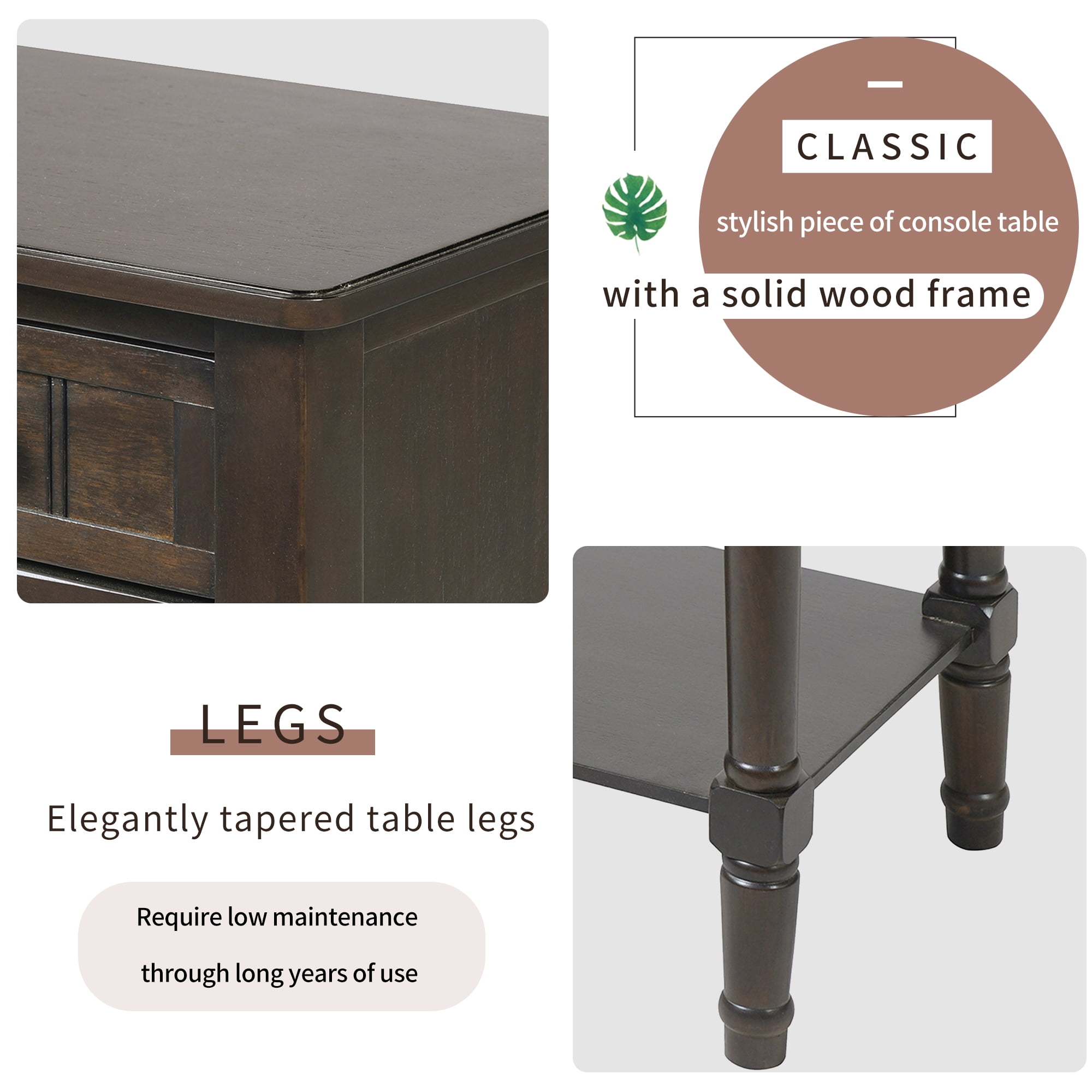 Euroco 23.7" Farmhouse Console Table with 3 Drawers, Narrow Sofa Table, Wood Entryway Table with Bottom Shelf for Living Room, Foyer,Brown