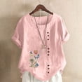 thumbnail image 2 of DDAPJ pyju Women's Linen Blouse Butterfly Floral Print Short Sleeve Casual Loose Round Neck Tshirt Trendy Summer Boxy Top Pink XL, 2 of 5