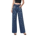 thumbnail image 2 of Karight Womens High Waisted Wide Leg Jeans Rhinestone Embellished Denim Pants Casual Baggy Straight Leg Jeans with Pockets, 2 of 8
