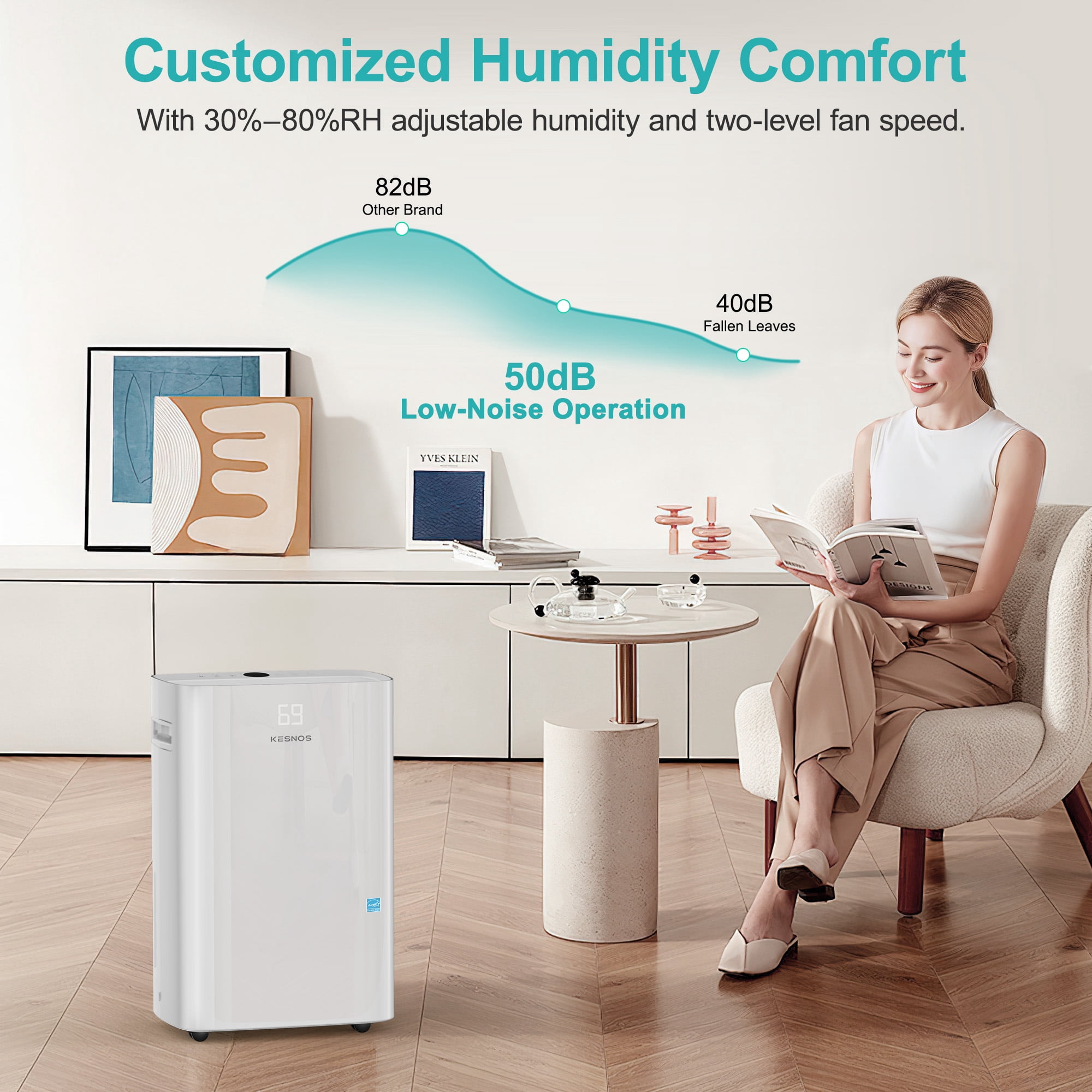 Kesnos 50 Pints Energy Star Dehumidifier for 4500 Sq. Ft, Most Efficient 2025 Certified, Intelligent Humidity Control, 24H Timer, Auto Drain, Quiet Operation for Home Basement Large Room, White