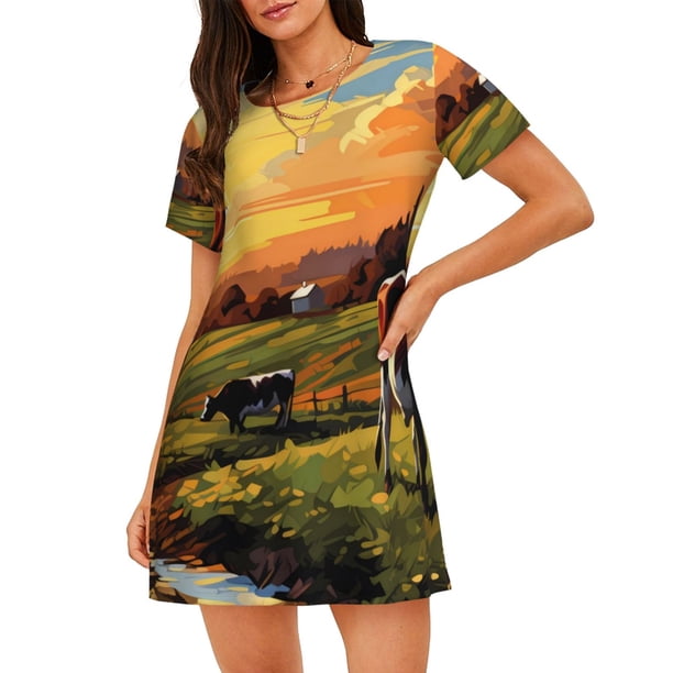 Fotbe Oil Painting Style Pasture Cow Bata de Dormir para Mujer con Estampado, Camisón de Algodón de Manga Corta, Ropa de Dormir Casual