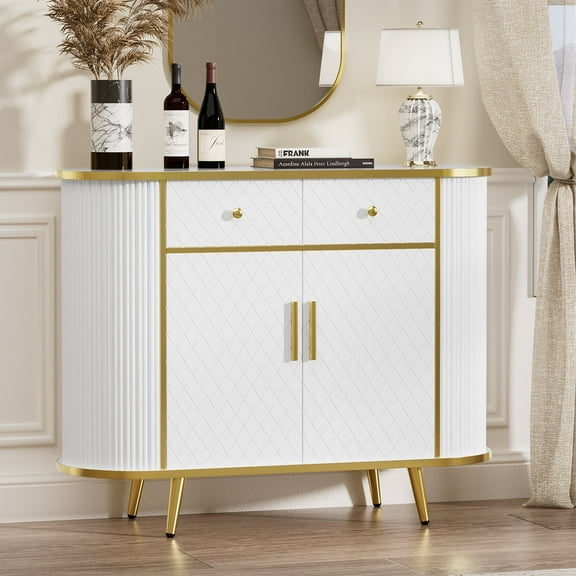 Lumiinofami 43" Luxury Fluted Sideboard Buffet Cabinet with 2 Drawers, Curved Storage Cabinet with Doors for Living Room, Entryway, Hallway, White & Golden