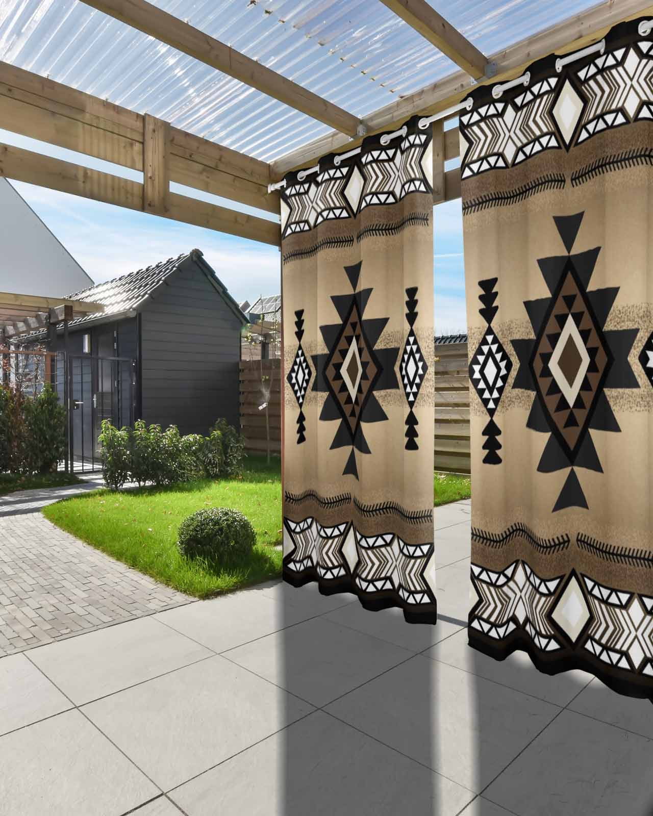 Brown Southwest Outdoor Curtains for Patio, Farmhouse Boho Aztec Geometric Neutral Privacy Drapes Grommet Waterproof Outside Curtains for Porch/Cabana/Balcony 54"x 108", 1 Panel
