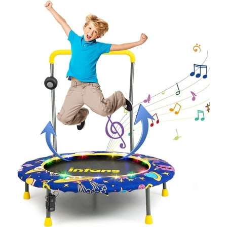OLAKIDS 36" Foldable Mini Trampoline with Bluetooth Audio LED Lights Detachable Handrail Safty Padded Cover, Small Trampoline for Kids Exercise Indoor Outdoor Backyard Toddlers Max Load 220 LBS