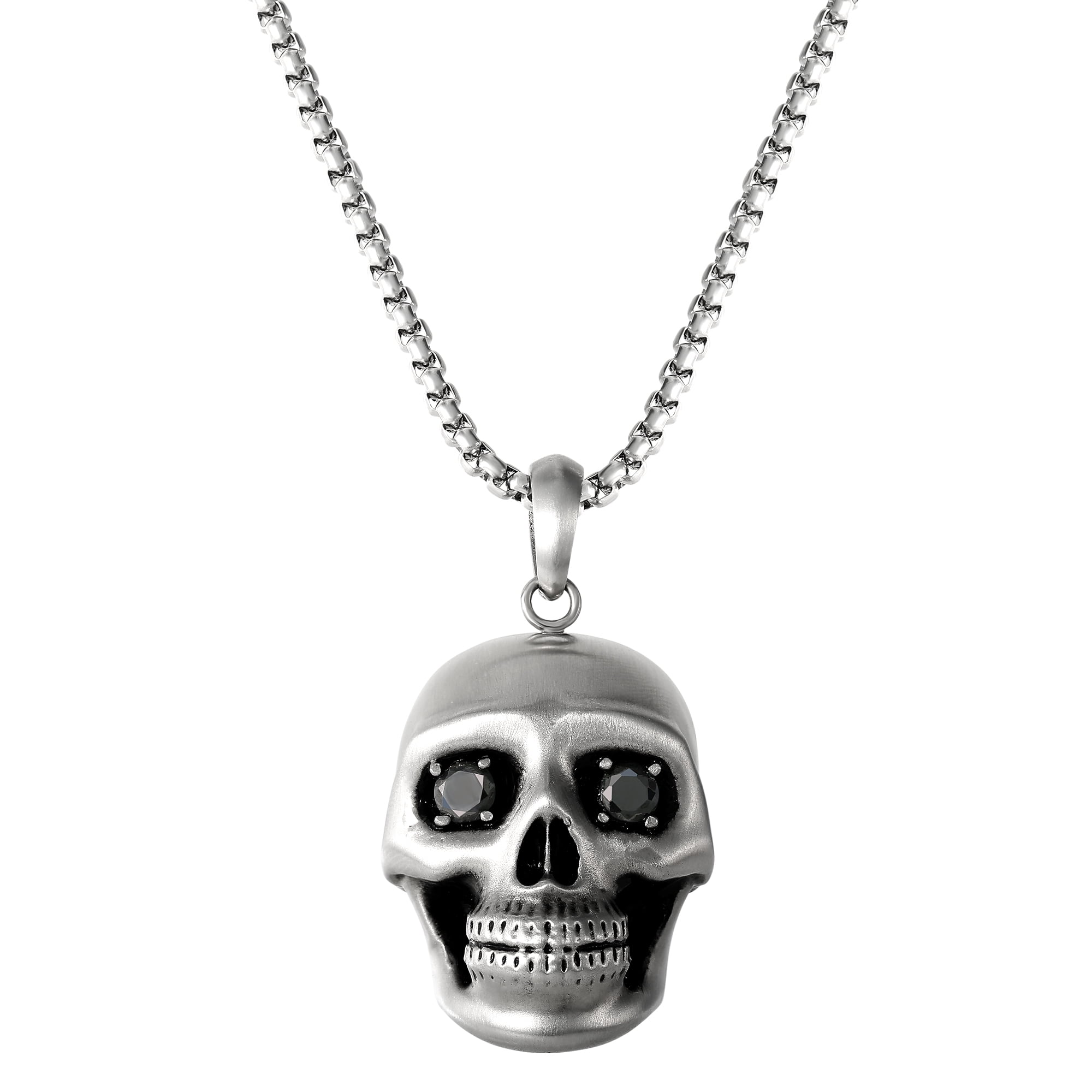 Brilliance Fine Jewelry Men s Stainless Steel Simulated Diamond Skull Pendant 22 inches