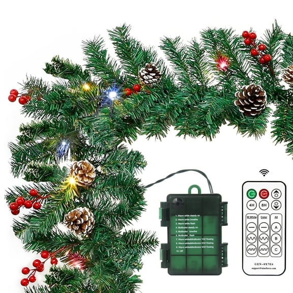 10FT Christmas Garland with LED Colorful Lights Pre-lit Waterproof with Remote- Pine Garland with Red Berries Snow Pine Cones