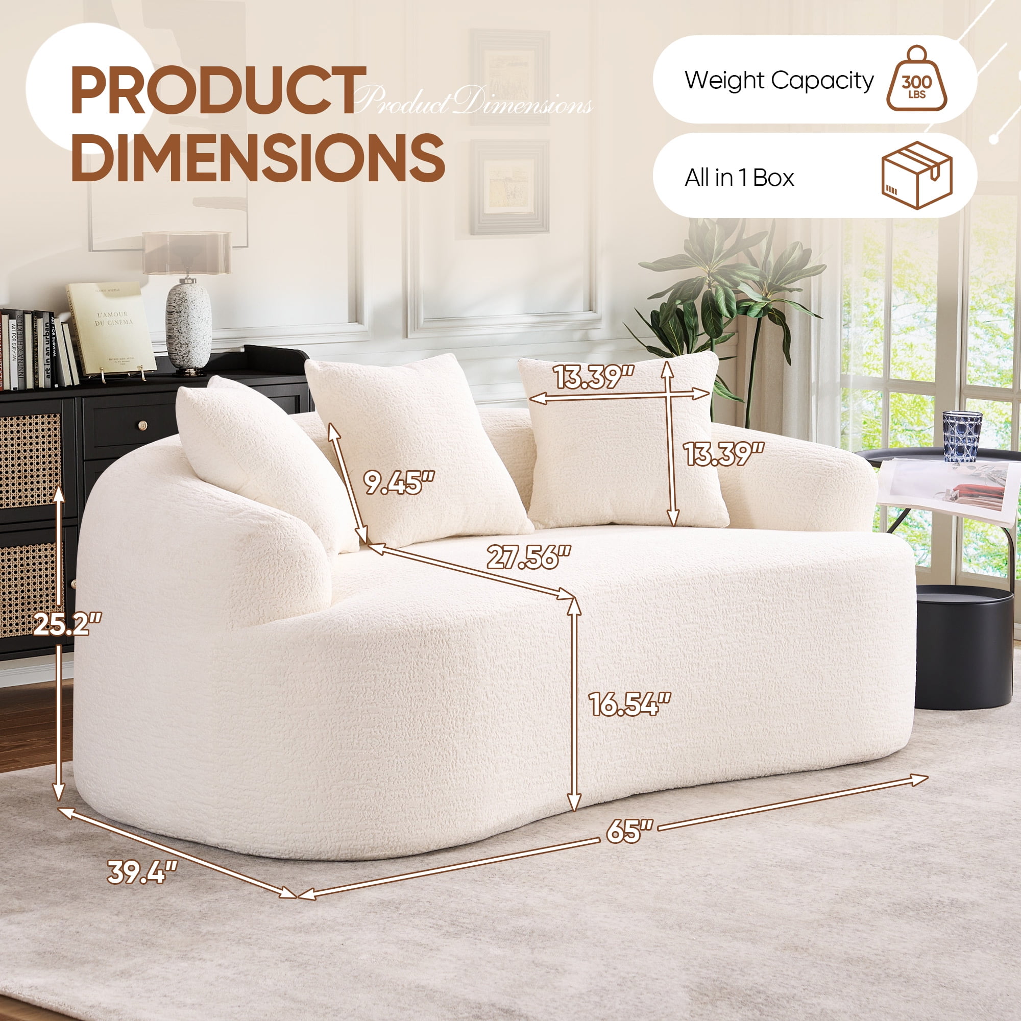 Timbernest 65" Cloud Couch 2 Seater Curved Compressed Sofa Chenille Loveseat, Small Space, 2 Throw Pillows, White