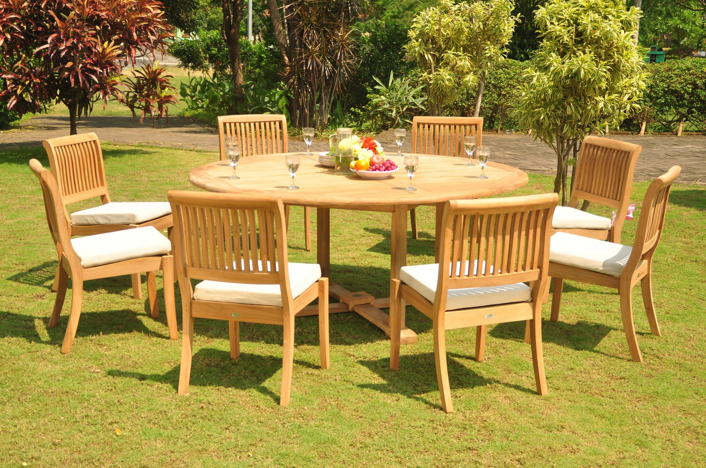 Teak Dining Set 8 Seater 9 Pc 72" Round Dining Table And 8 Arbor Stacking Armless Chairs