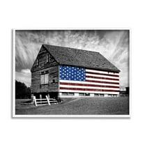 Stupell Industries Black and White Farmhouse Barn American Flag Photography White Framed Art Print Wall Art, 16x20, by James McLoughlin