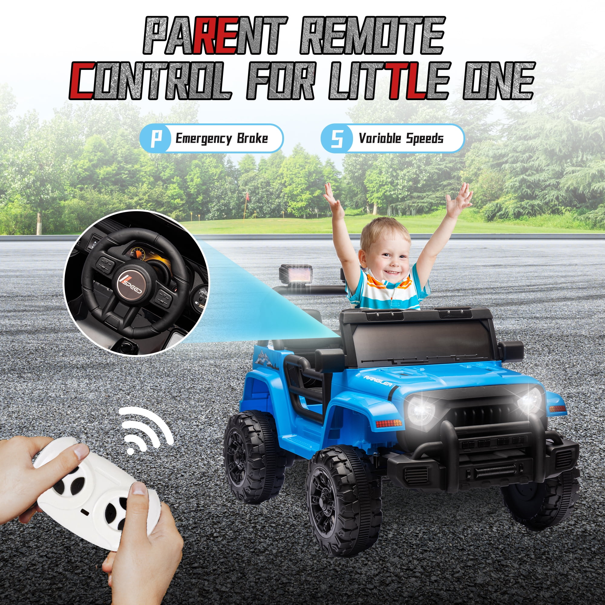 Xuanlur 12V Kids Ride on Car with Remote Control, Ride on Toys w/ Dual Drive, Four-Wheel Suspension, Bluetooth Music, LED Lights, USB, Shock Absorption, Toys Car for Kids Aged, Blue