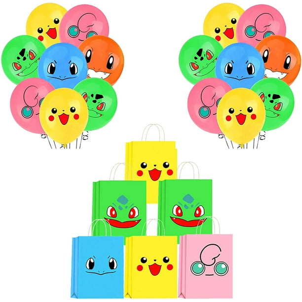 Thème fête d'anniversaire papier Pokemon papier cadeau sacs avec ballons  mignons Goody Treat bonbons sacs ballons pour enfants Pockmon fête  fournitures décor (16 sacs + 20 ballons) 