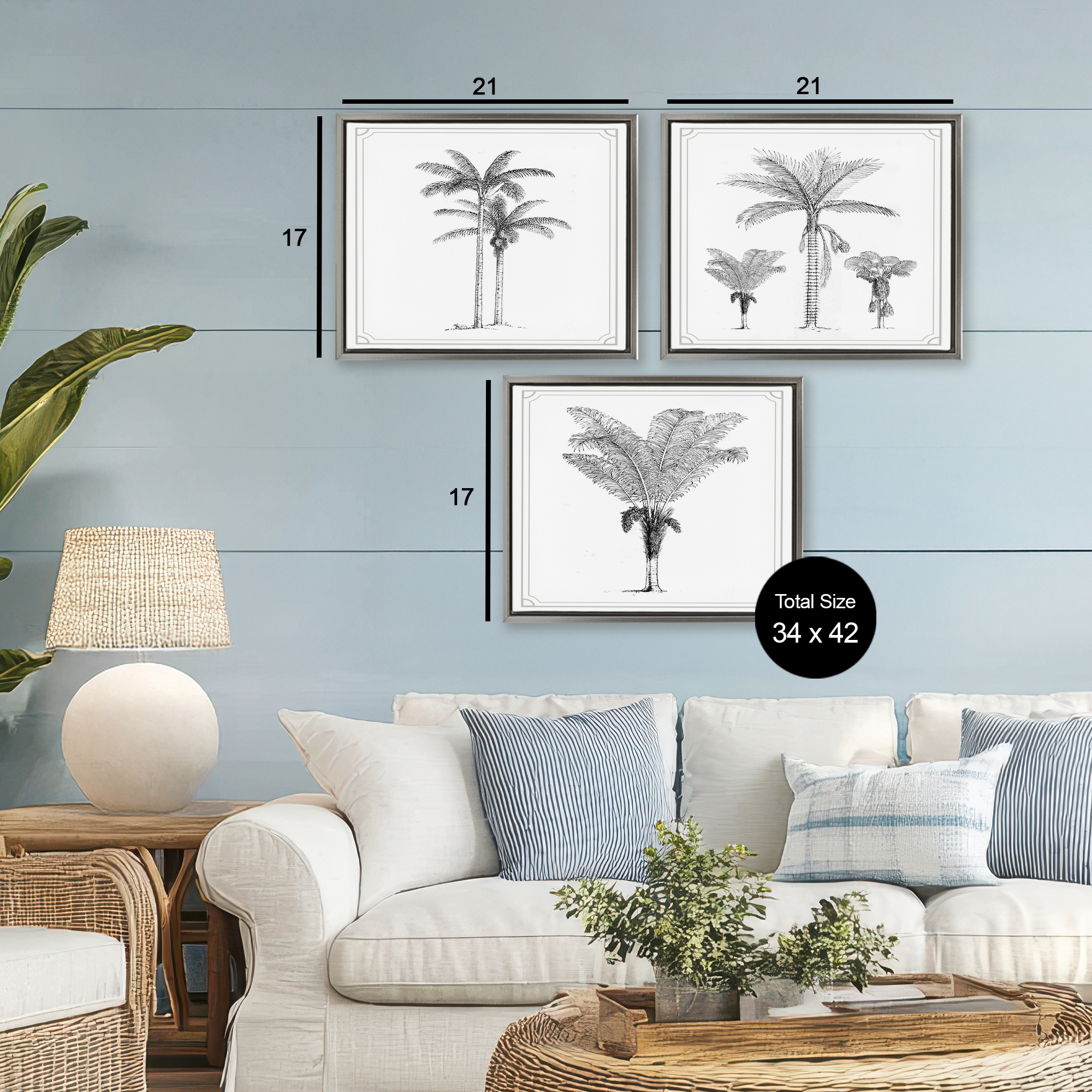 Minimal Vintage Palm Tree Sketches 3 Piece Gray Framed Floater Canvas Set, design by Lettered and Lined