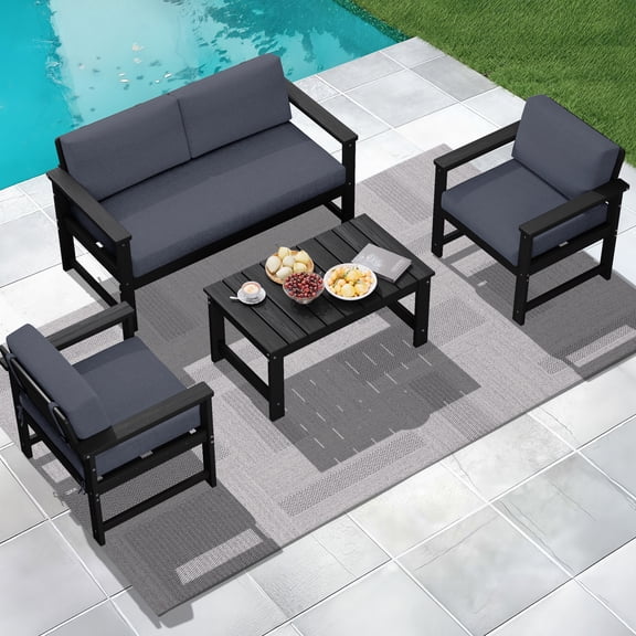 KINGYES 4 Pieces Outdoor Furniture Set, HDPE All Weather Use Conversation Couch Sets,2 Armchairs & 1 Loveseat & 1 Coffee Table for Patio Backyard, Black Frame with Gray Cushions