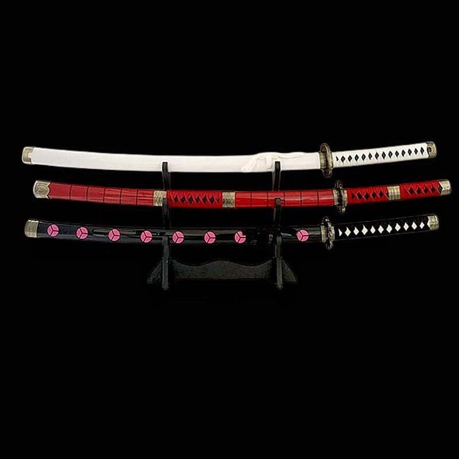 41 inches Anime Bamboo Wooden Roronoa Zoro Sword Set, Shusui/Wado Ichimonji/Sandai Kitetsu with Black Belt and Holder Stand