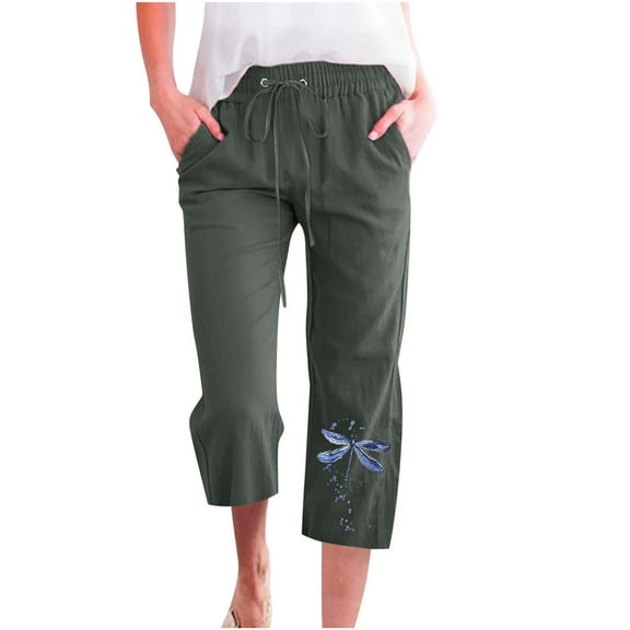 VERUGU Capris for Women Fashion Casual Printing Elastic Waist Loose Pants Cotton Linen Straight Wide Leg Trousers with Pocket Army Green L