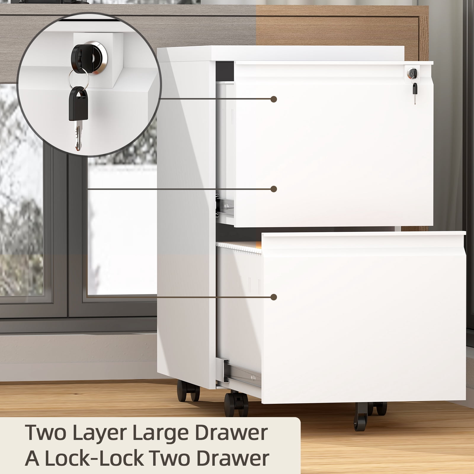 Marcree Filing Cabinet 2 Drawer,Metal Filing Cabinet with Lock,Under Desk Storage Cabinet with Wheels,Rolling File Cabinet for Legal/Letter File,White