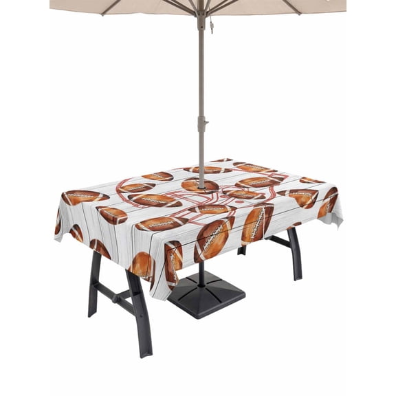Outdoor Tablecloth with Umbrella Hole for Patio/Picnic/Party/Camping, Brown Vintage Football Waterproof Table Cloth Rectangle Table Cover Washable, Grey Wooden Retro Art Ball (60"x 120")