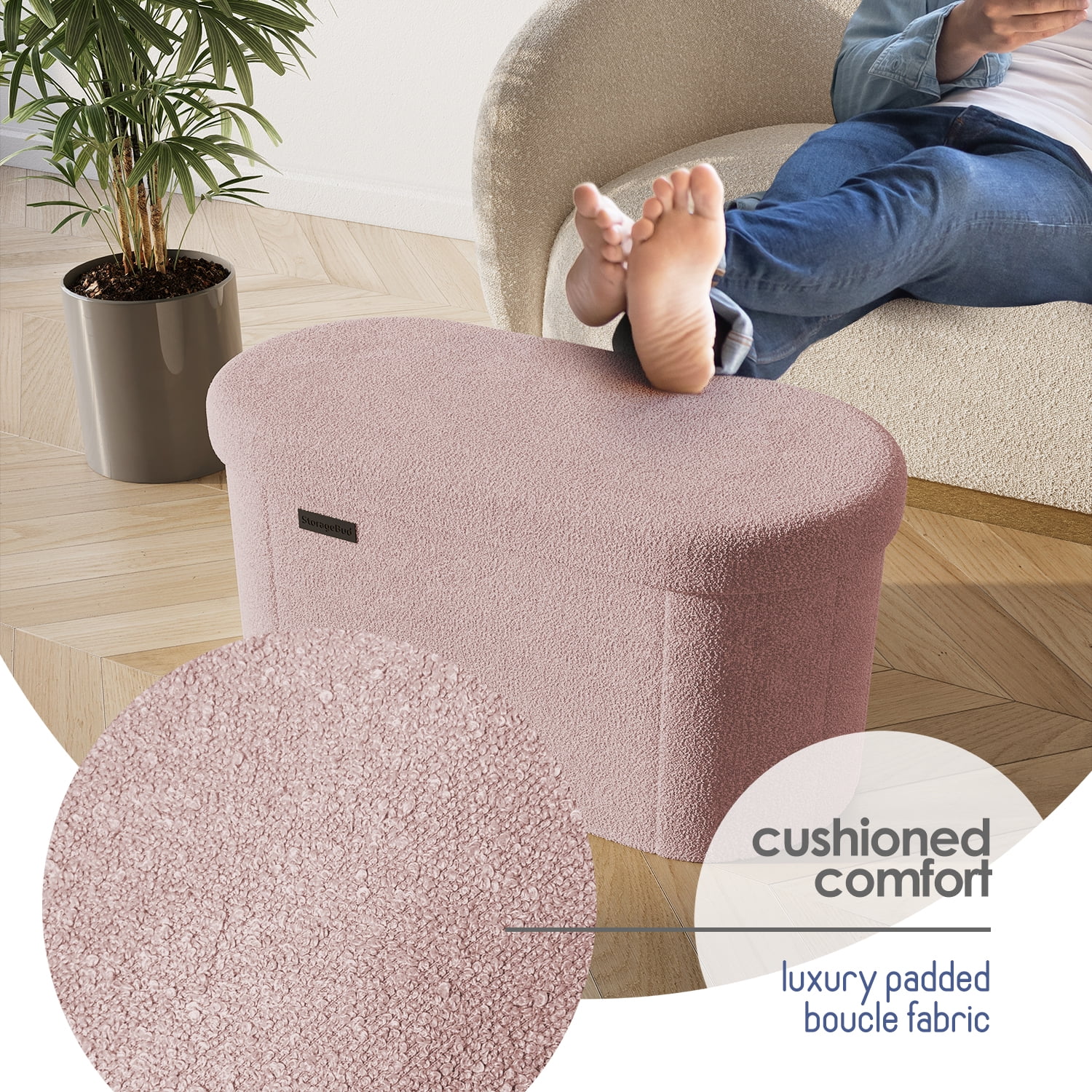 Hearth & Harbor Oval Storage Ottoman Bench, Boucle 30" Ottoman with Storage , Pink