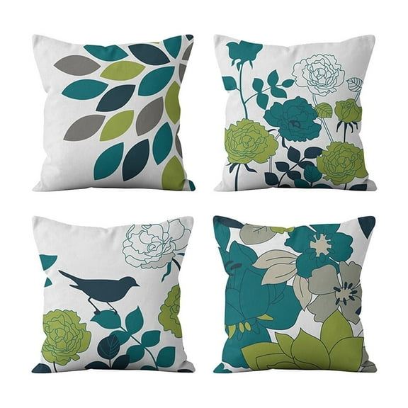 Floral Spring Summer Pillow Covers Set of 4, Farmhouse Cotton Linen Outdoor Pillow Covers for Patio Furniture Porch Teal, Blue and Green Throw Pillow Covers for Couch Sofa Bed Chair